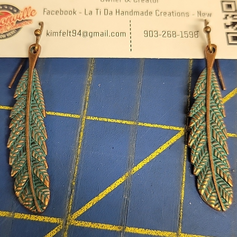 Turquoise Aged Copper Feather Earrings